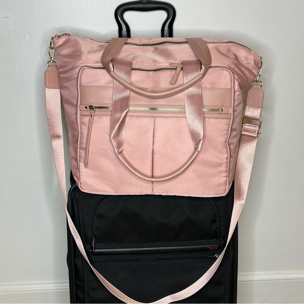 Pink soft padded nylon overnight laptop tote w/ double handle & adjustable strap